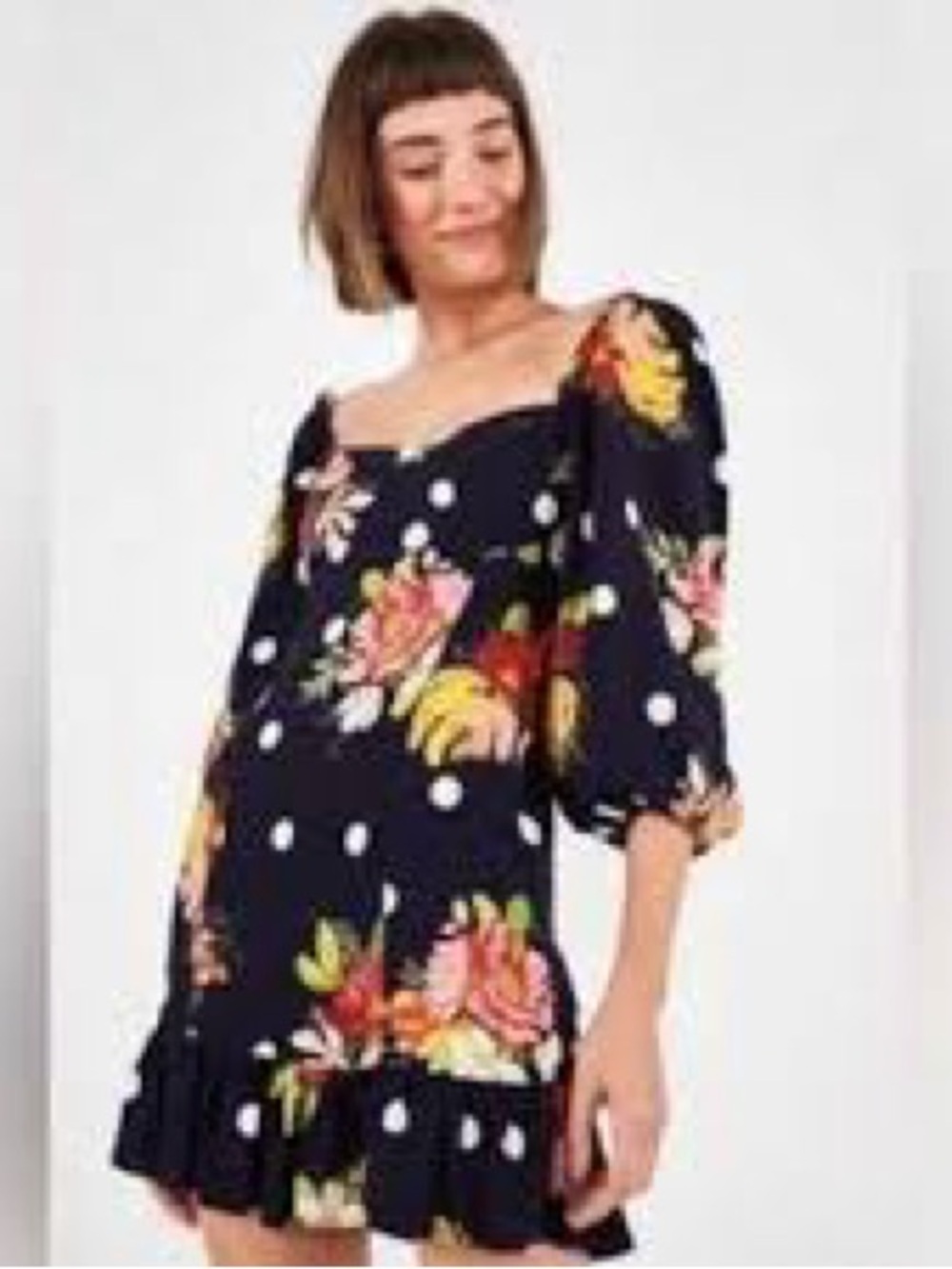 Farm Rio Nanaju Floral Mini Dress in Black Multi Size Medium